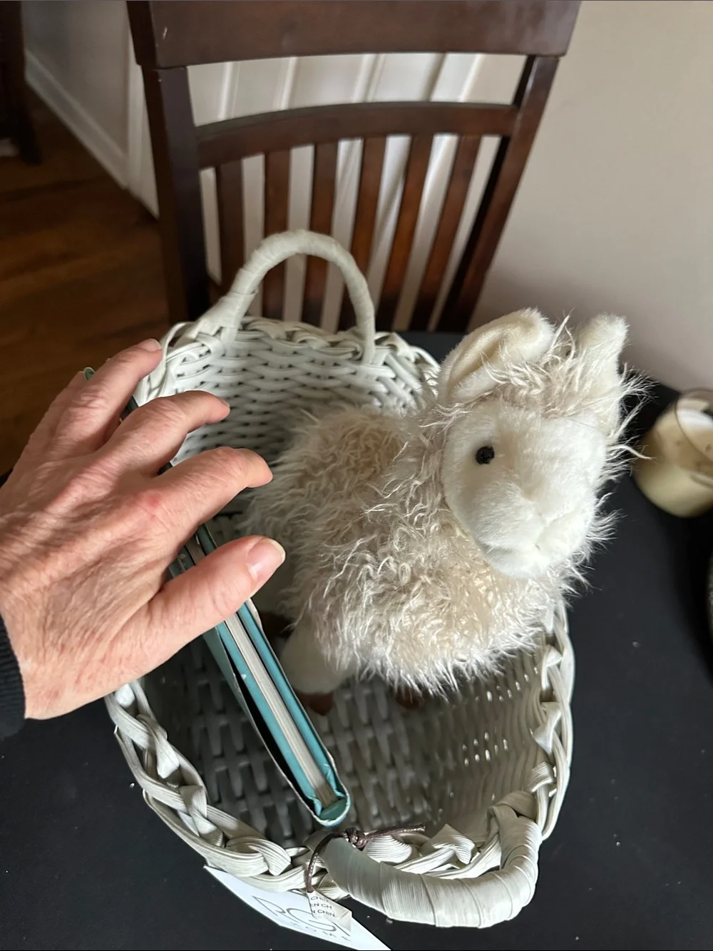 Wicker 'Baby' Storage Basket with Handles. Book and stuffed llama included